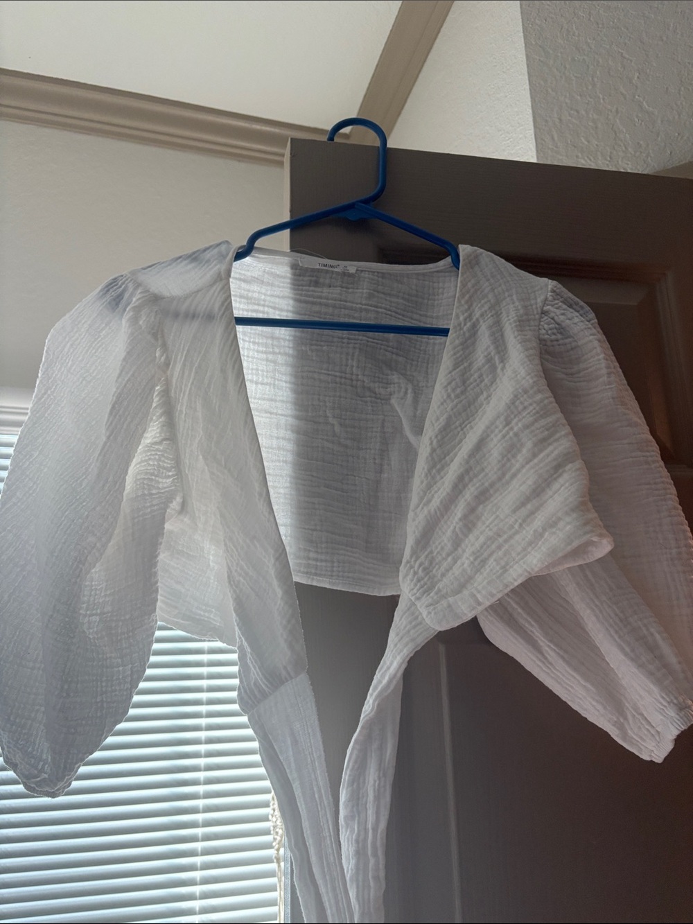 Timing White Textured Cropped Open-Front Top